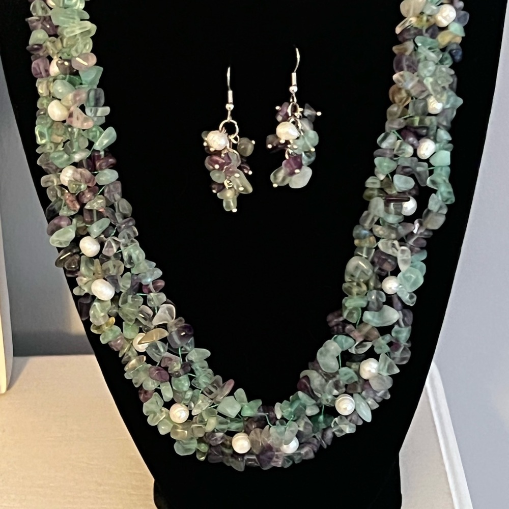 Handmade Amethyst, Rose Quartz, Green Aventurine, Freshwater Pearl necklace set